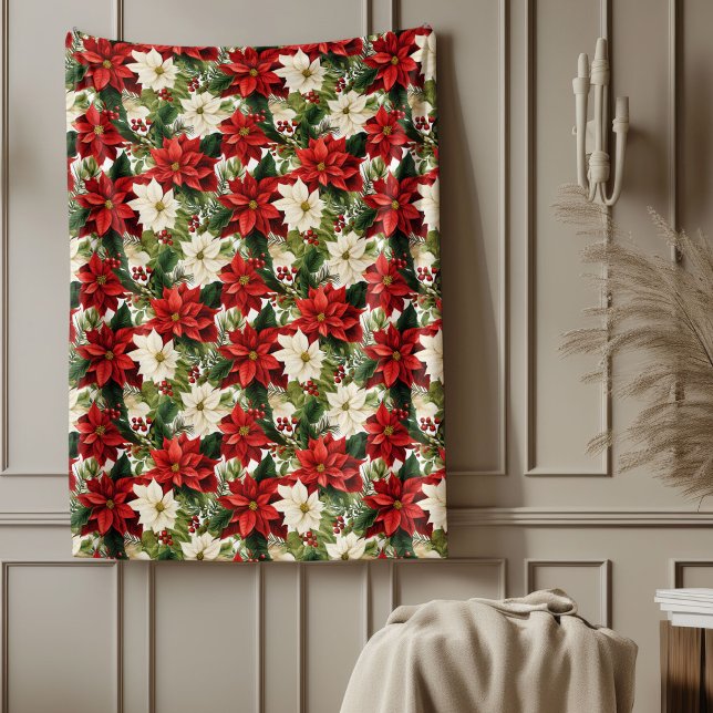 Elegant Christmas Red and White Poinsettia Fleece Blanket (Elegant Christmas Red and White Poinsettia Fleece Blanket)