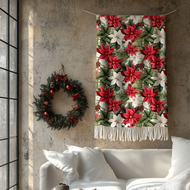 Elegant Christmas red and white poinsettia Holiday Fleece Blanket (Elegant Christmas red and white poinsettia Holiday Fleece Blanket)