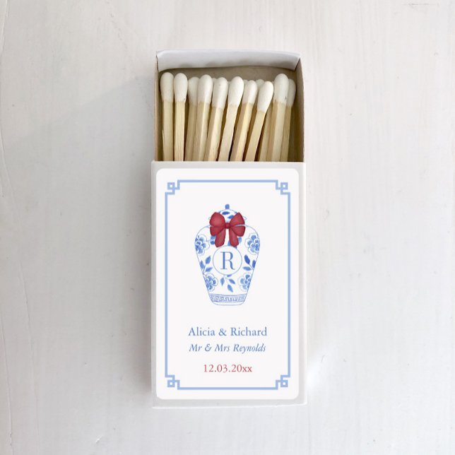 Elegant Christmas Red Bow Monogram Wedding Matchboxes (Smart hand painted ginger jar with red bow and single letter monogram wedding matches)