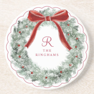 Elegant Christmas Red Bow Wreath Monogram Coaster
