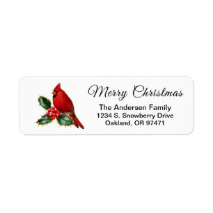 Elegant Christmas Red Cardinal Bird Holly Label