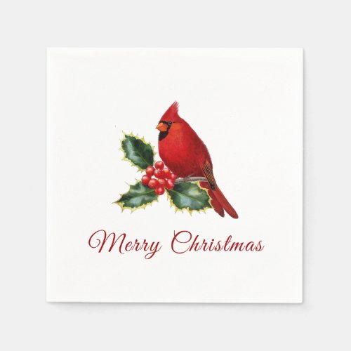 Elegant Christmas Red Cardinal Bird Holly Napkins