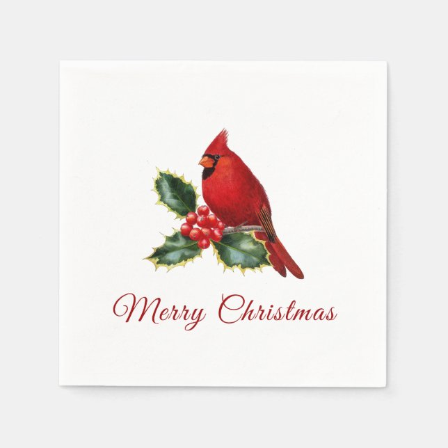 Elegant Christmas Red Cardinal Bird Holly Napkins (Front)