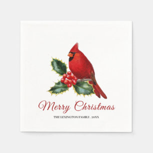 Elegant Christmas Red Cardinal Bird Holly Napkins