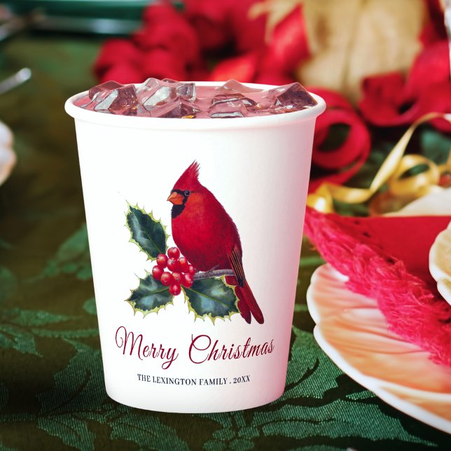 Elegant Christmas Red Cardinal Bird Holly Paper Cups (Creator Uploaded)