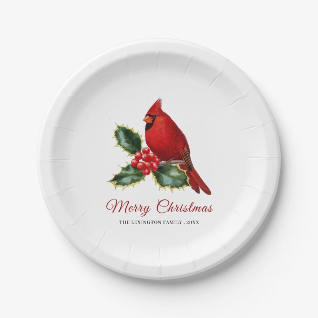 Elegant Christmas Red Cardinal Bird Holly Paper Plates (Front)
