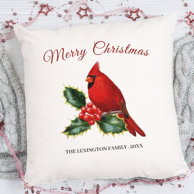 Elegant Christmas Red Cardinal Bird Holly Throw Pillow (Creator Uploaded)