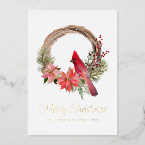 Elegant Christmas Red Cardinal Bird Monogram Foil Holiday Card