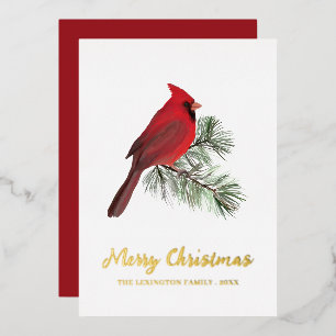 Elegant Christmas Red Cardinal Bird Monogram Foil Holiday Card