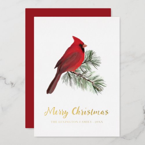 Elegant Christmas Red Cardinal Bird Monogram Foil Holiday Card