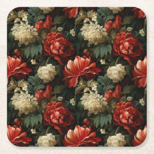 Elegant Christmas Red & Cream Vintage Floral Square Paper Coaster