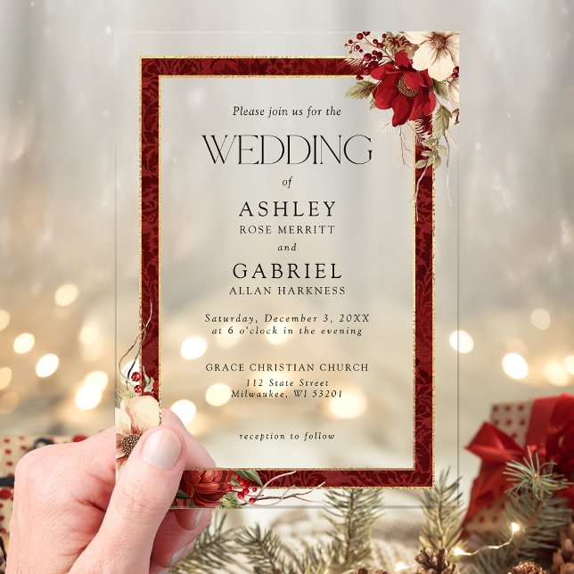 Elegant Christmas Red Damask Floral Acrylic Invitations (Creator Uploaded)