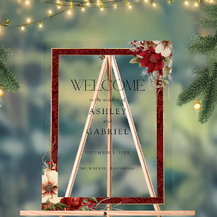 Elegant Christmas Red Damask Floral Acrylic Sign