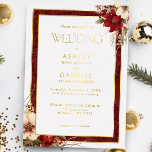 Elegant Christmas Red Damask Floral Foil Invitation