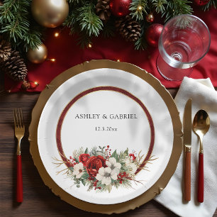 Elegant Christmas Red Damask Floral Paper Plates