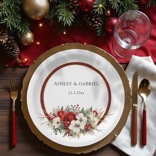 Elegant Christmas Red Damask Floral Paper Plates (Creator Uploaded)