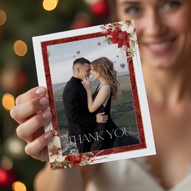 Elegant Christmas Red Damask Floral Thank You Card (Creator Uploaded)