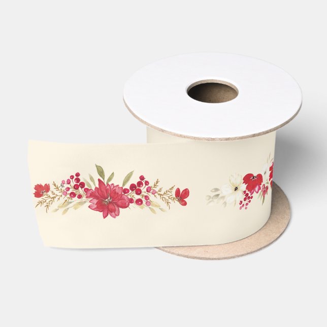 elegant christmas red floral botanical holiday satin ribbon (Spool)