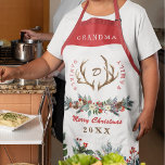Elegant Christmas red floral family name monogram  Apron<br><div class="desc">Rustic elegant deer antlers and watercolor seasonal floral monogrammed family personalized Merry Christmas festive traditional grandma's apron with fully editable text.              Easy to customize with your family name,  initial,  text,  and year.</div>