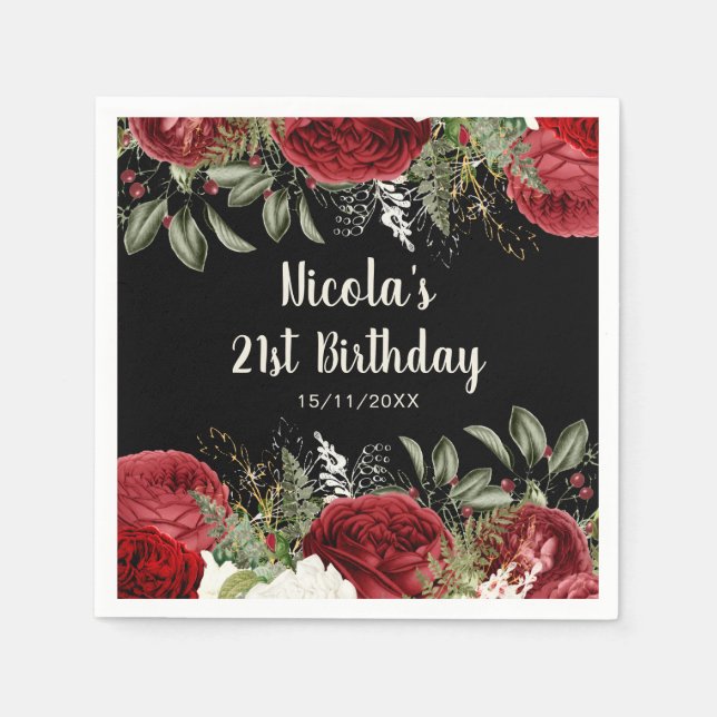 Elegant Christmas Red Flowers Birthday Party Napkins (Front)