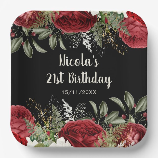 Elegant Christmas Red Flowers Birthday Party Paper Plates (Front)
