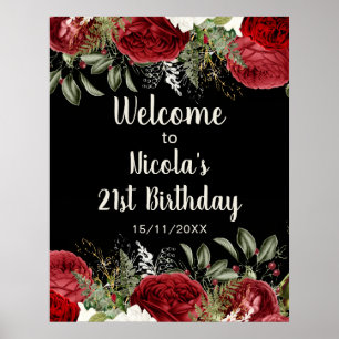 Elegant Christmas Red Flowers Birthday Party Poster