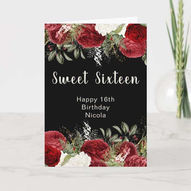 Elegant Christmas Red Flowers Sweet Sixteen Card (Front)