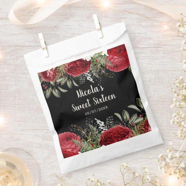 Elegant Christmas Red Flowers Sweet Sixteen Favor Bag (Clipped)
