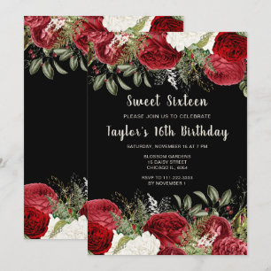 Elegant Christmas Red Flowers Sweet Sixteen Invitation
