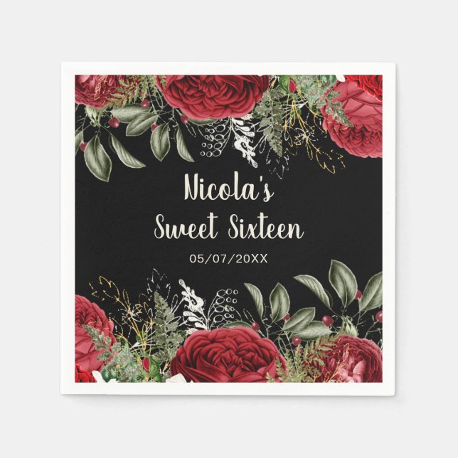 Elegant Christmas Red Flowers Sweet Sixteen Napkins (Front)