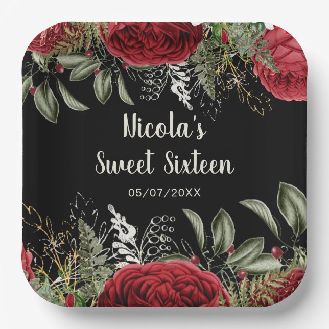 Elegant Christmas Red Flowers Sweet Sixteen Paper Plates (Front)