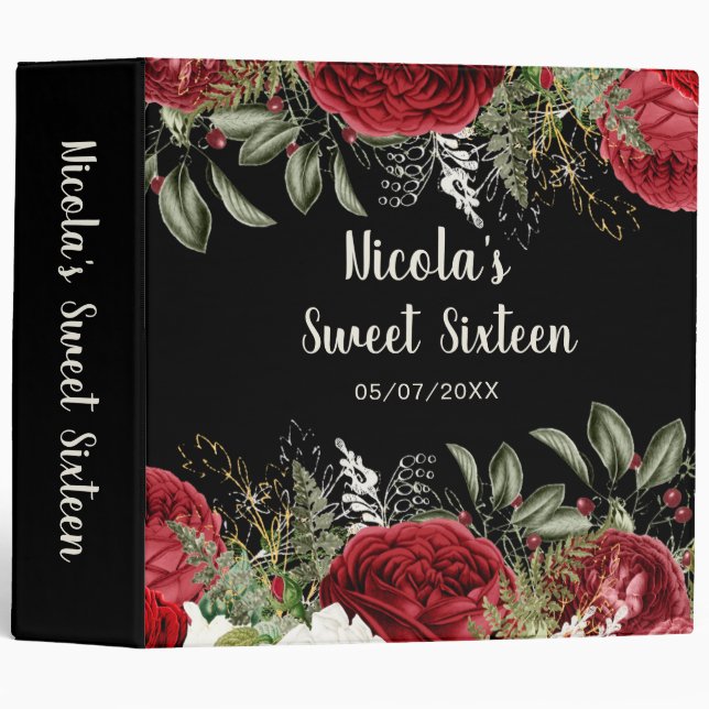 Elegant Christmas Red Flowers Sweet Sixteen Photo 3 Ring Binder (Front/Spine)