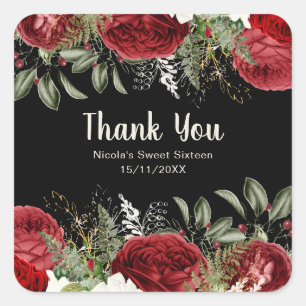 Elegant Christmas Red Flowers Sweet Sixteen Square Sticker