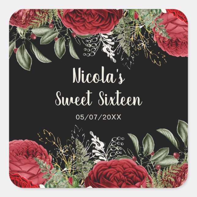 Elegant Christmas Red Flowers Sweet Sixteen Square Sticker (Front)