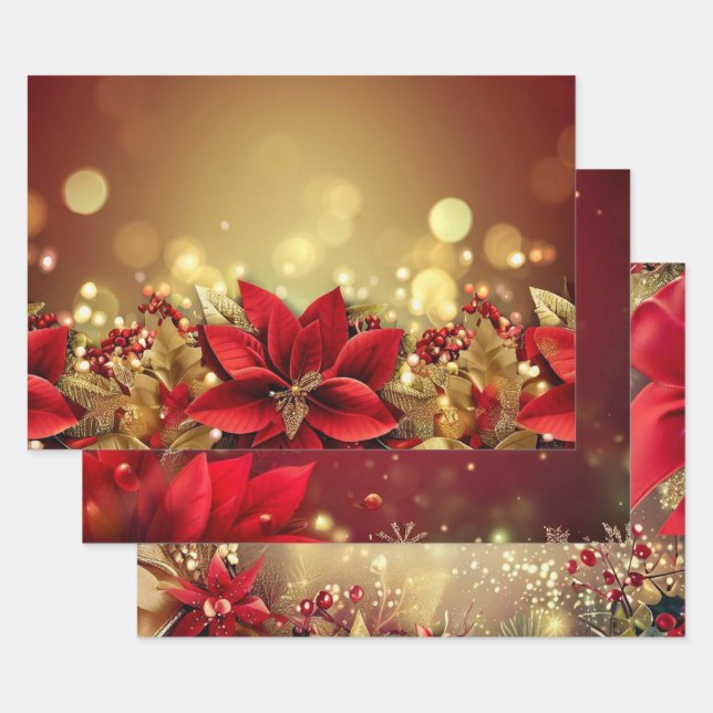 Elegant christmas red gold luxury original  wrapping paper sheets (Set)