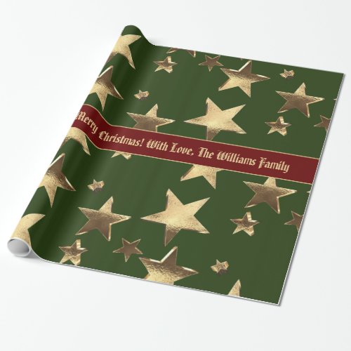 Elegant Christmas Red Green and Gold Stars Pattern Wrapping Paper