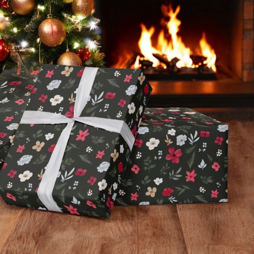 Elegant Christmas Red Green floral pattern Wrapping Paper