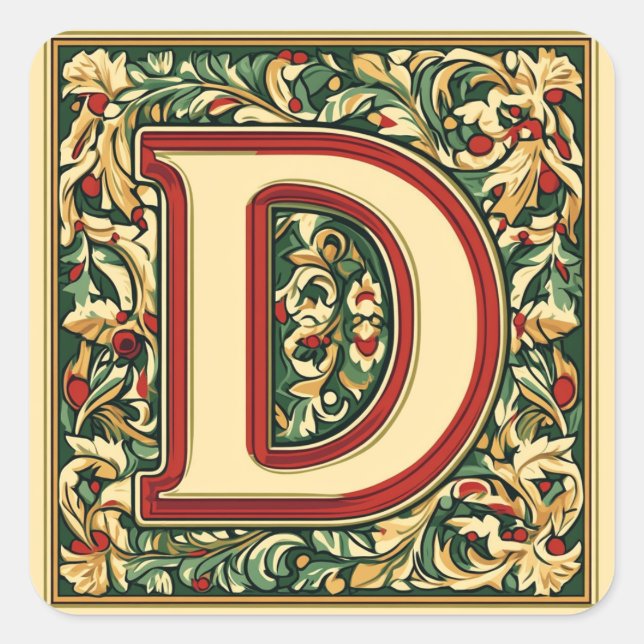  Elegant Christmas Red Letter 'D' Square Sticker (Front)