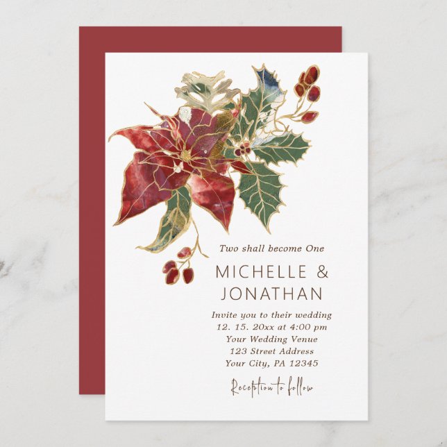 Elegant Christmas Red Poinsettia Christian Wedding Invitation (Front/Back)