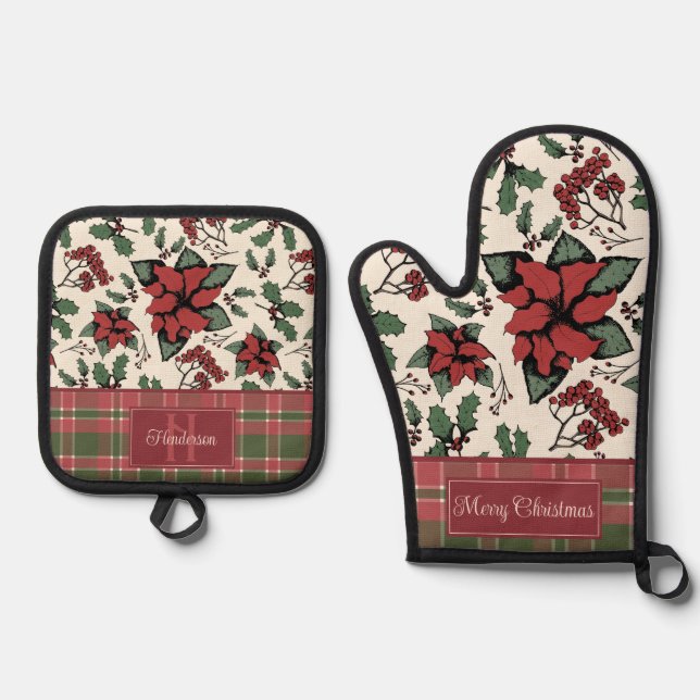Elegant Christmas Red Poinsettia Personalized Oven Mitt & Pot Holder Set (Front)