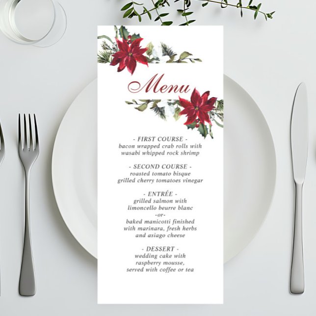 Elegant Christmas Red Poinsettia Wedding Dinner Menu (Creator Uploaded)