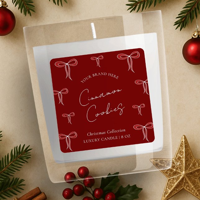 Elegant Christmas Red & White Bows Candle Jar Square Sticker (Creator Uploaded)