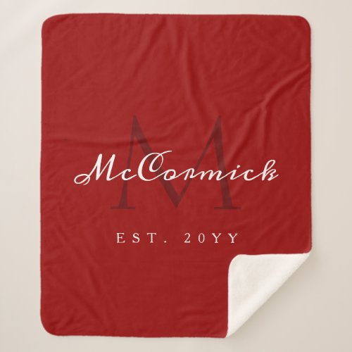 Elegant Christmas Red White Script Family Monogram Sherpa Blanket