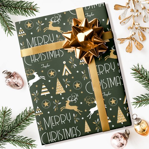 Elegant Christmas Reindeer Custom Dark Green Gold Wrapping Paper