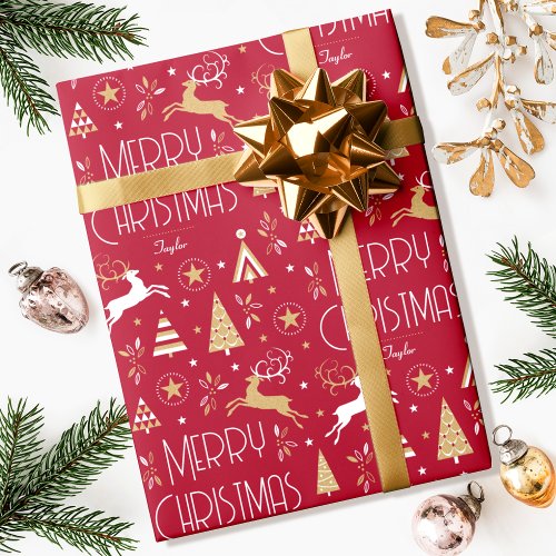 Elegant Christmas Reindeer Custom Deep Red Gold Wrapping Paper