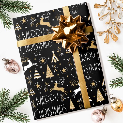 Elegant Christmas Reindeer Custom Name Black Gold Wrapping Paper