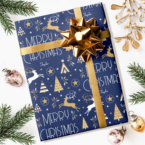 Elegant Christmas Reindeer Custom Name Blue Gold Wrapping Paper