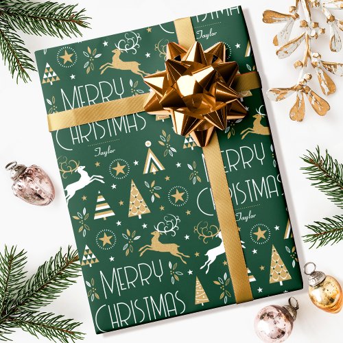 Elegant Christmas Reindeer Custom Name Green Gold Wrapping Paper