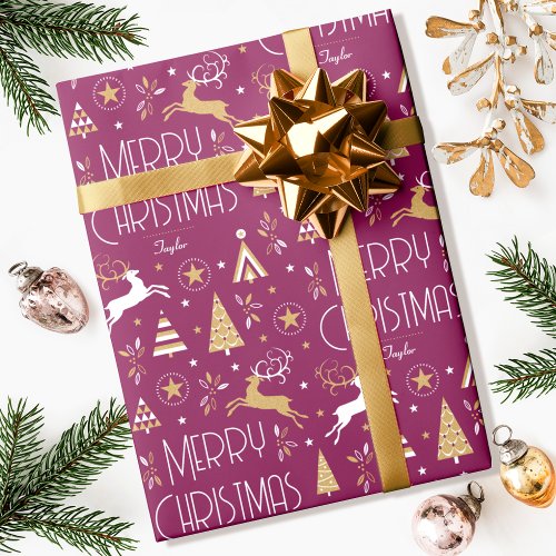 Elegant Christmas Reindeer Custom Name Plum Gold Wrapping Paper