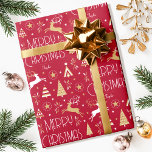 Elegant Christmas Reindeer Editable Deep Red Gold Wrapping Paper<br><div class="desc">Make your Christmas gifts extra special with this elegant Art Deco style wrapping paper, personalized with the recipient's name, family name or year. This seamless pattern features leaping reindeer, festive trees and stars in a color palette of deep red, white and a gold colored texture. Custom gift wrap is a...</div>